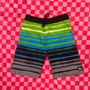 Quiksilver Lime Green and Blue Stripe Swim Trunks